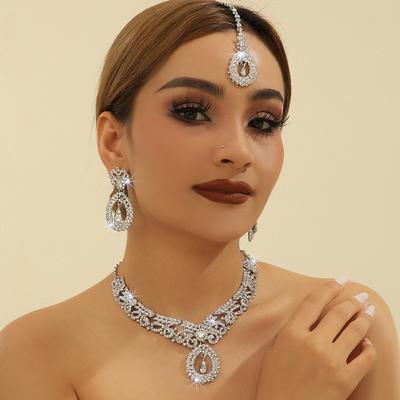 4-teiliges Retro-Palast-Wasserzirkon-Halsketten-Ohrring-Vorderkettenglied-Zirkon-Set für Damen, Geeignet für Hochzeiten, Partys, Festivals Geschenke-8483