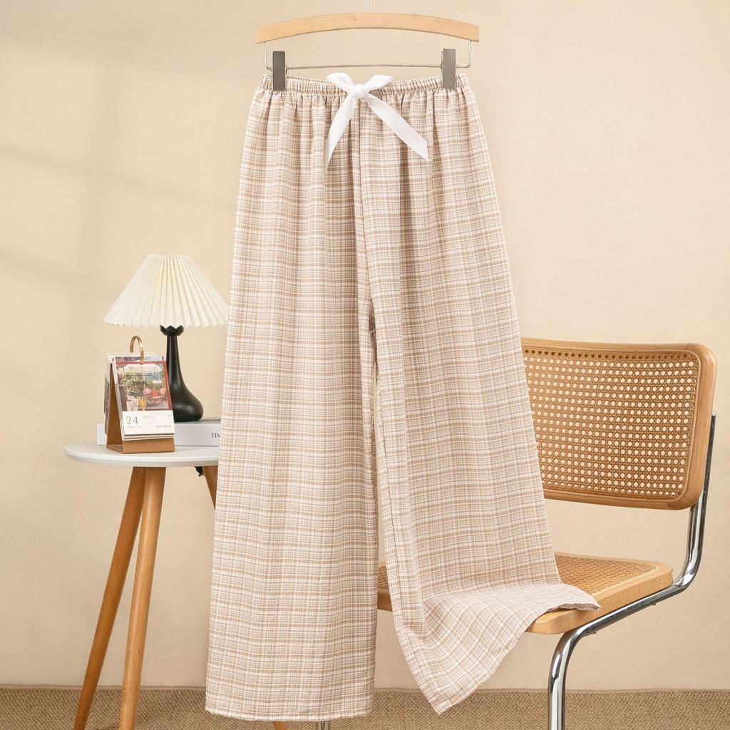 Women's Cloud Cotton Plaid Pajama Pants - Summer Casual Wide-Leg, Lightweight, Outdoor-Friendly, Yarn-Dyed, Long Style