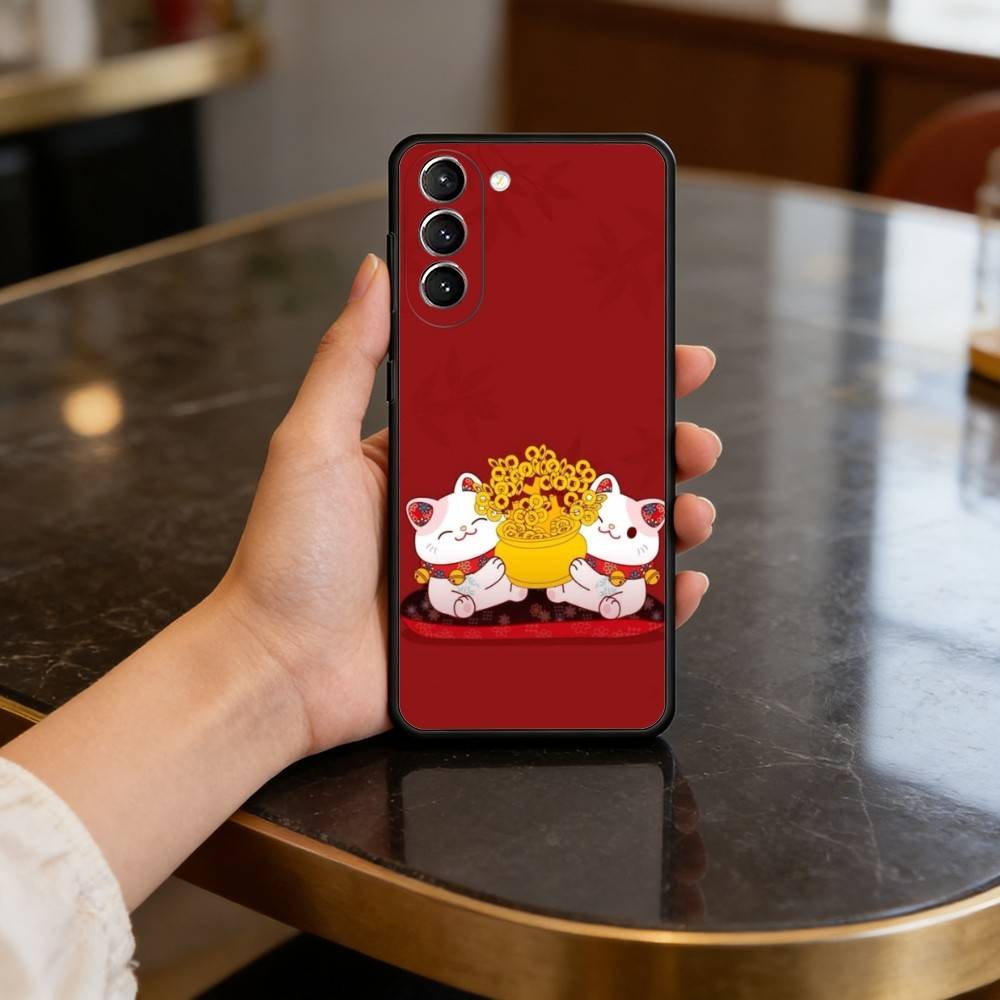 

C-Cartoon Lucky Cat Phone Case For Samsung S25,24,23,22,30,21,10,9,Ultra,Plus,Lite,FE,4,5 G Soft Black Case Samsung S21 s305G