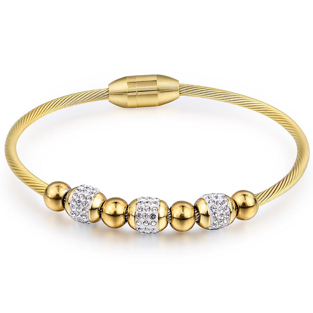 18K Gold Stainless Steel Bracelet with 3MM Magnetic Clasp and Diamond-Paved Cable Wire Design for Women