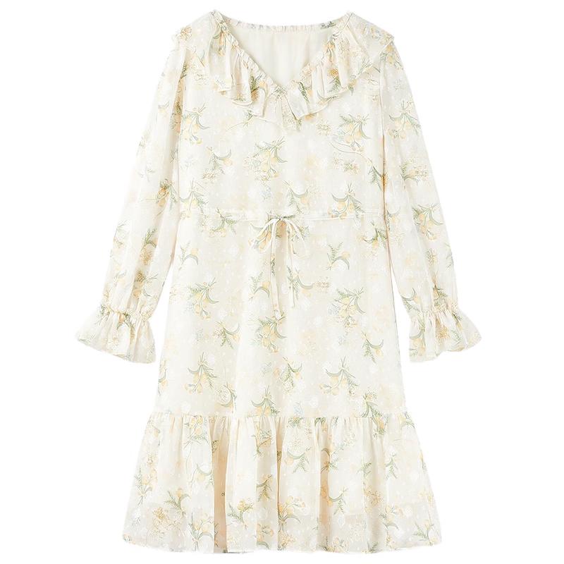 Sweet Floral Ruffle V-Neck A-Line Dress L