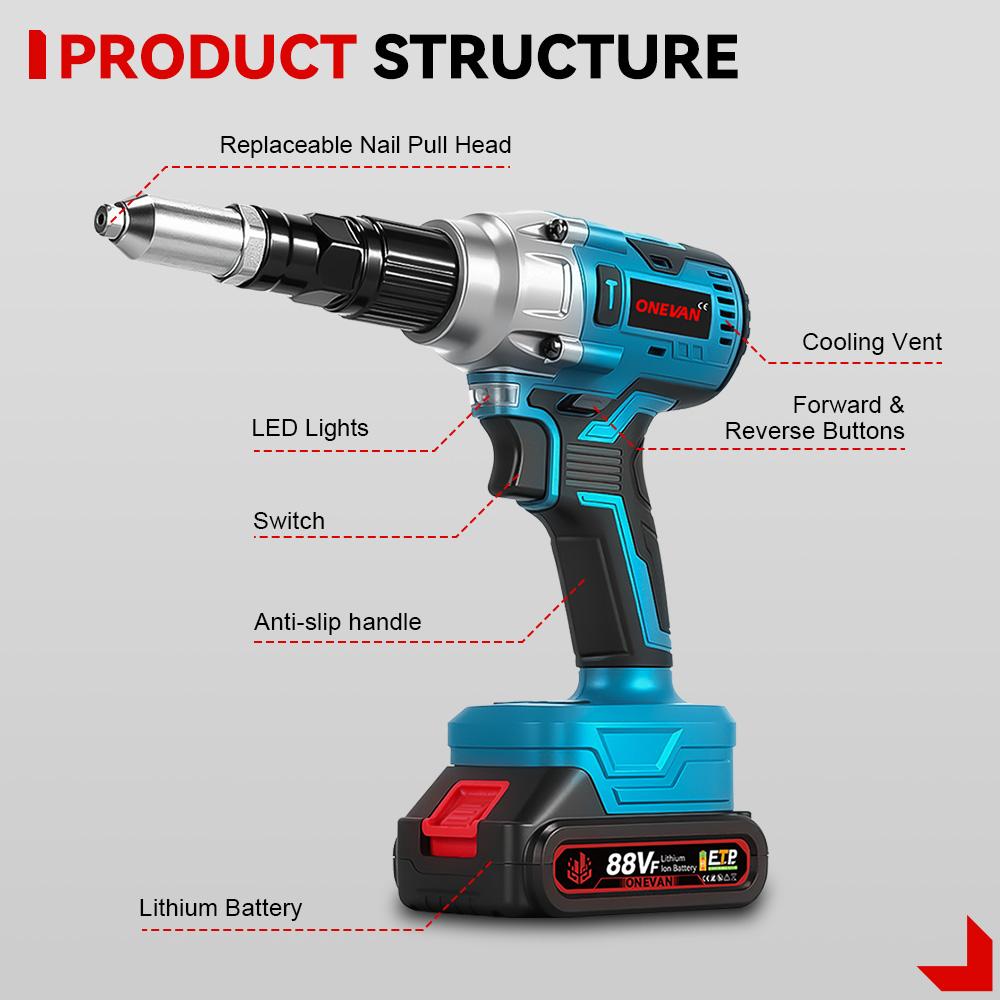 ONEVAN Brushless Electric Rivet Gun Cordless LED Rivet Nut Gun Drill Insert Automatic Riveting Tool For Makita 18V Battery Pin