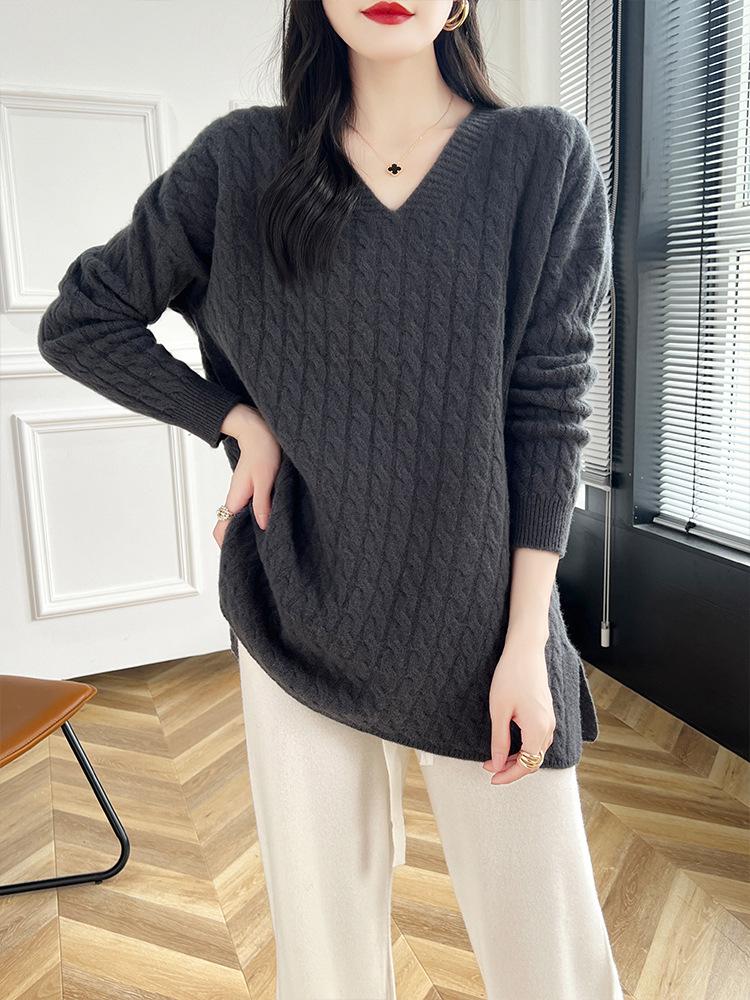 Women's Mid-Length Cable Knit Wool Sweater - Soft, Loose, V-Neck, Perfect for Autumn and Winter, Wear as Outer or Base Layer.