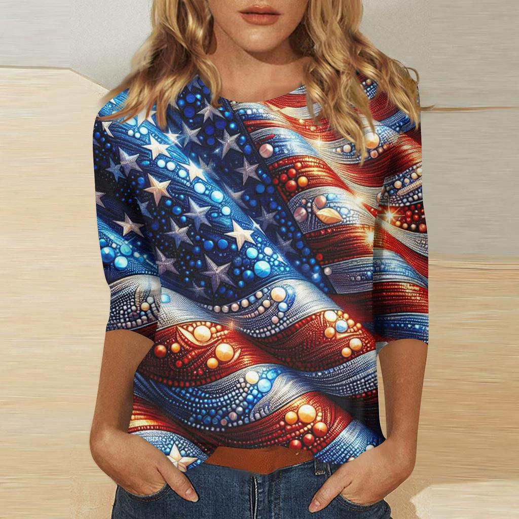 Women's Independence Day Print Round Neck Seven-Eighths Sleeve Top