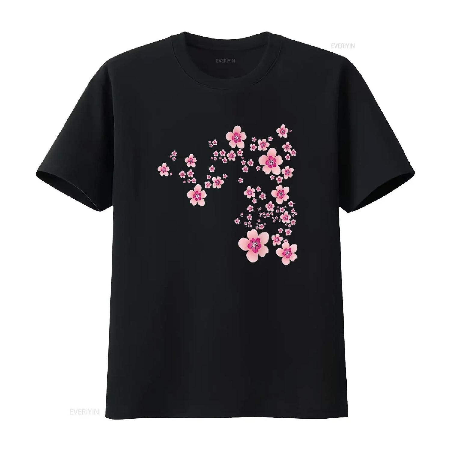 Женская японская вишневый цвет сакура цветок футболка винтажная стираная универсальная дышащая homme удобная слегка модная S чёрный
