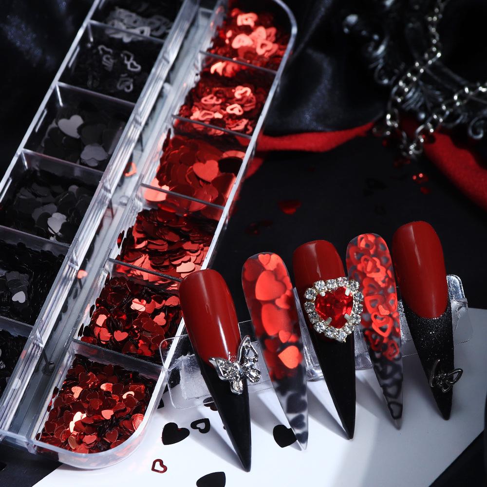 12-Grid Red & Black Heart Nail Art Glitter Valentine's Day Stickers