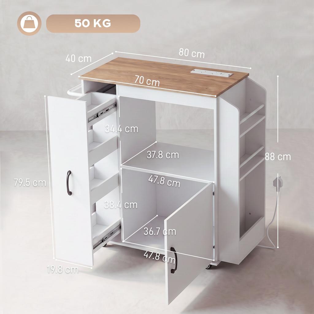 Kitchen Trolley on Wheels with Power Outlet, Cabinet, White