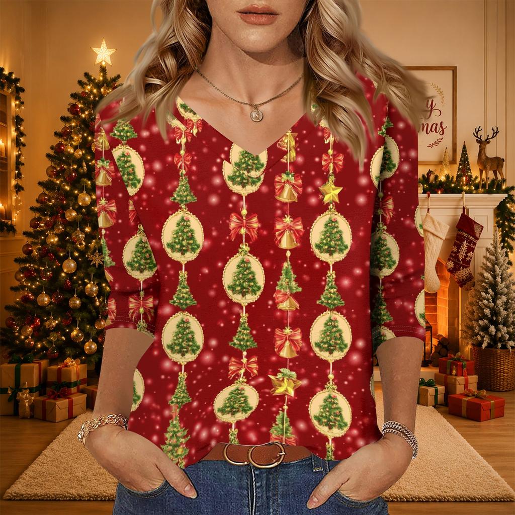 Women's V-Neck Christmas Print Shirt with Three-Quarter Sleeve and Loose Fit for Casual Daily Wear