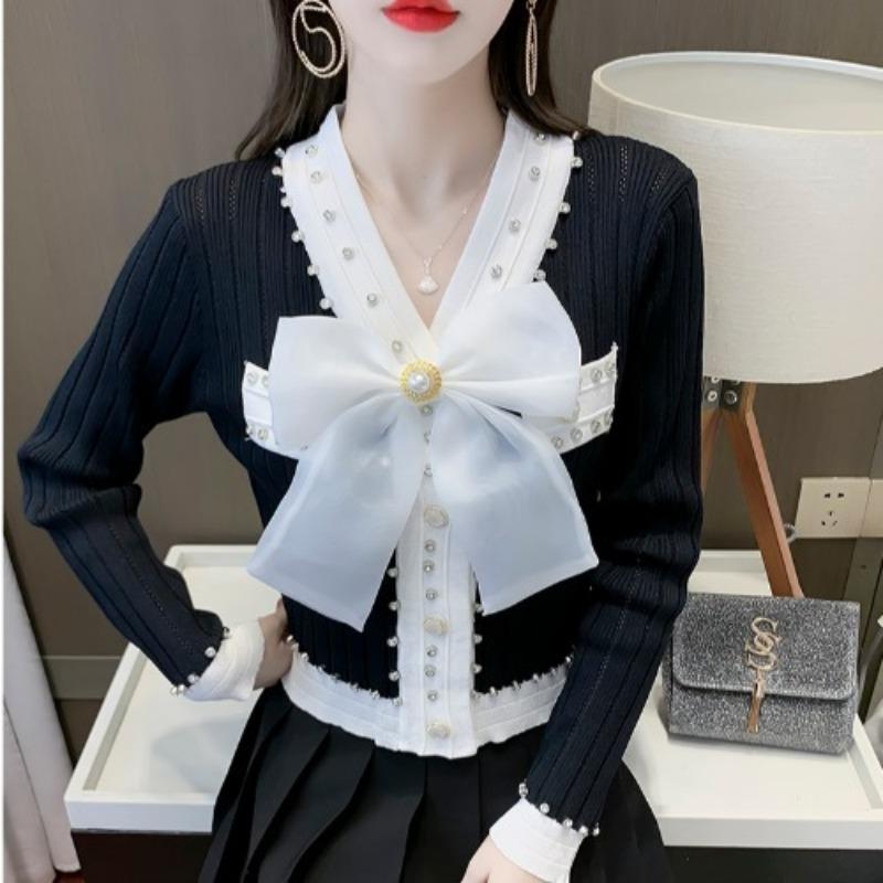 Spring Autumn Women Full Sleeve V-neck Luxury Diamond Beading Bowtie Knitted Sweater Single Breasted Cardigans Tops