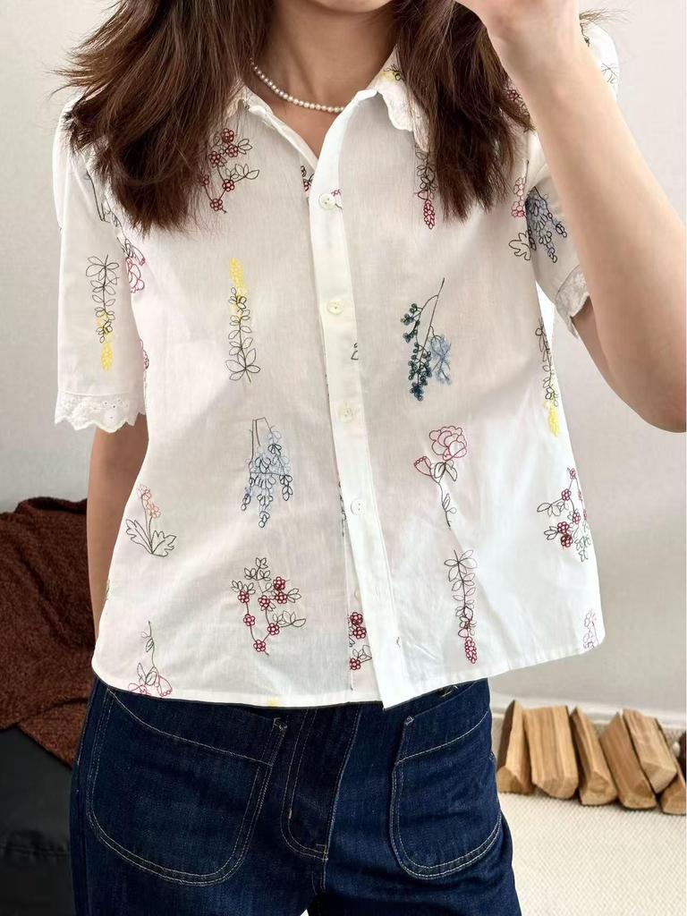 French Floral Embroidered Lace-Trim Lapel Short-Sleeve Loose Shirt for Women