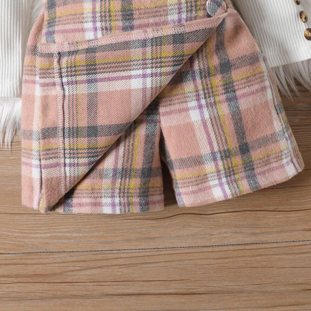 Europäischer & Amerikanischer Stil Mädchen Geripptes Top mit Fliegenärmeln & Unregelmäßiges Karomuster Rock Hosen Set