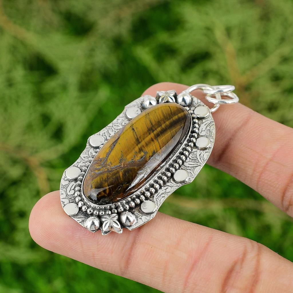 Daughters Day Sale Natural Tiger's Eye 925 Silver Engagement Artisan New Pendant