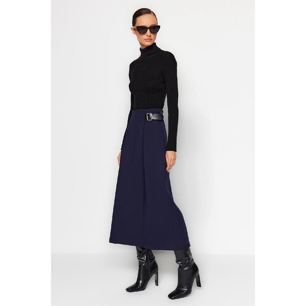 Navy Blue Belt Detailed Woven Skirt Tctaw24ee00014