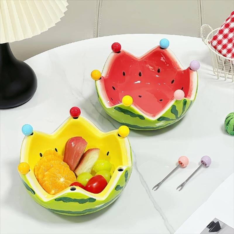Ceramic Watermelon Snacks Platter Includes 6 Stainless Steel Fruit Forks Tableware For Family Gatherings Barbecues