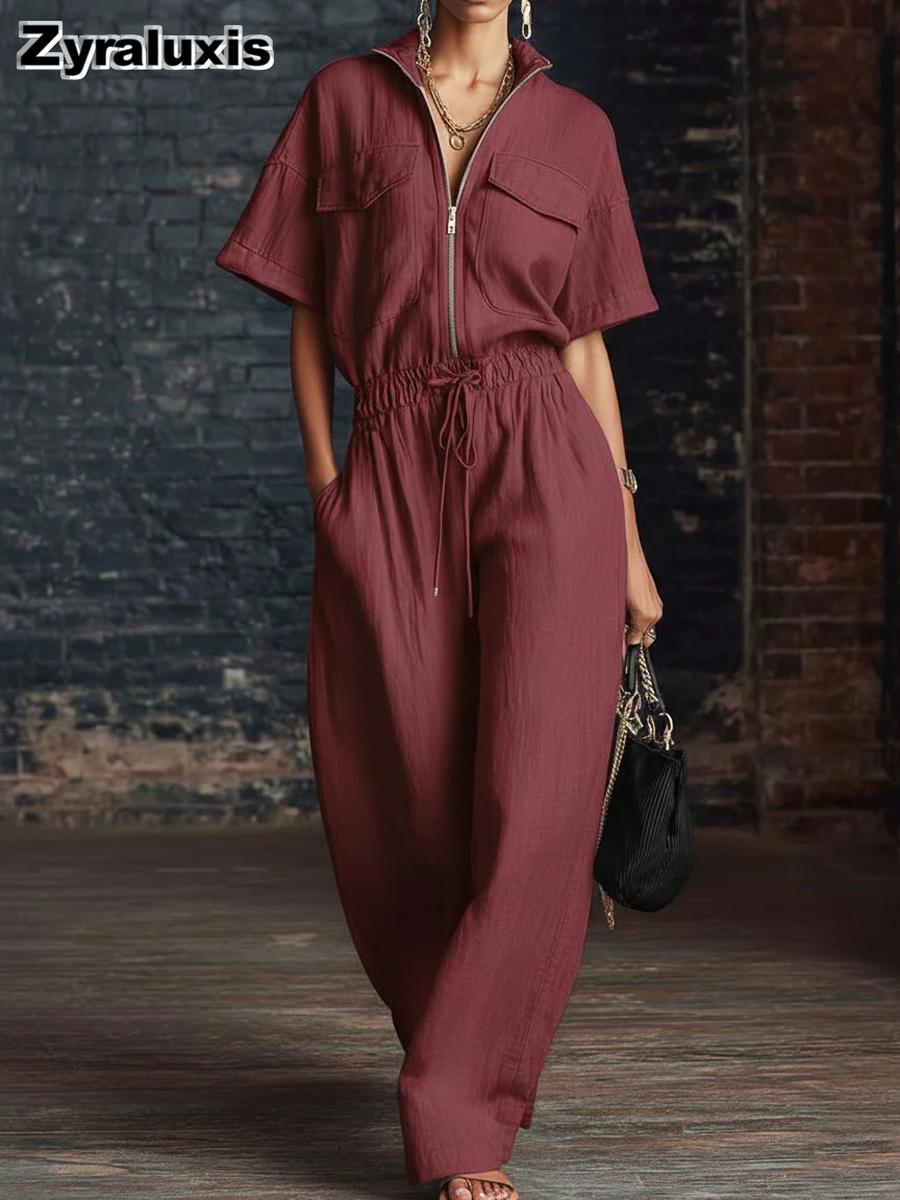 New Women s Crew Neck Three-Quarter Sleeves Casual Loose Cotton Linen Jumpsuit S красный