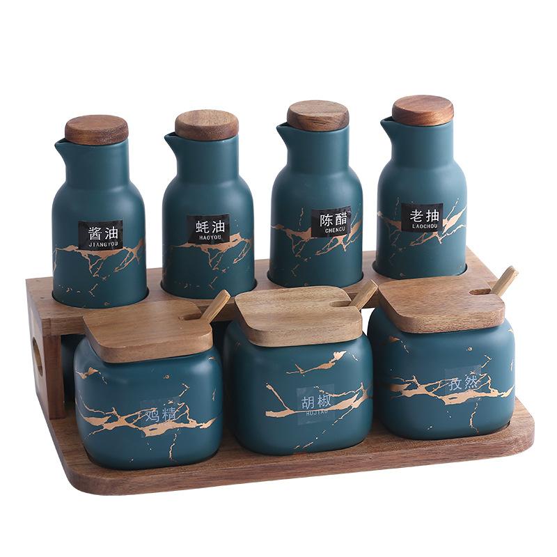 Kitchen Seasoning Box Set Oil Bottle Combination Creative Household Double Ceramic Seasoning Jar Salt Jar Seasoning Bottle