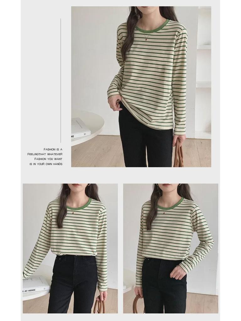 Women's Spring 2025 Green Striped Long-Sleeve Round Neck T-Shirt: Loose-Fit, Slim-Style, Commuting Top