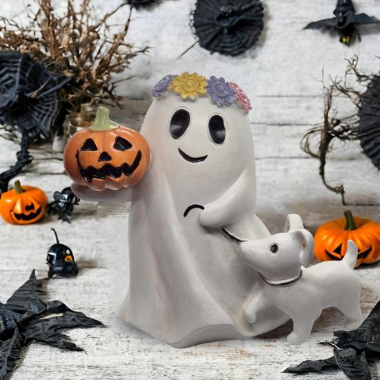 Ghost Walking Dog Halloween Decor Spooky Ghost Dog Figurine Resin Cute Ghost