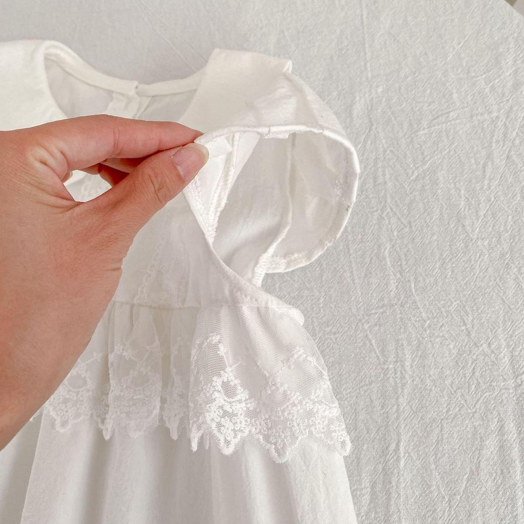 Girls' Korean Style White Flutter Sleeve Cotton Dress - Summer New Arrival Princess Dress