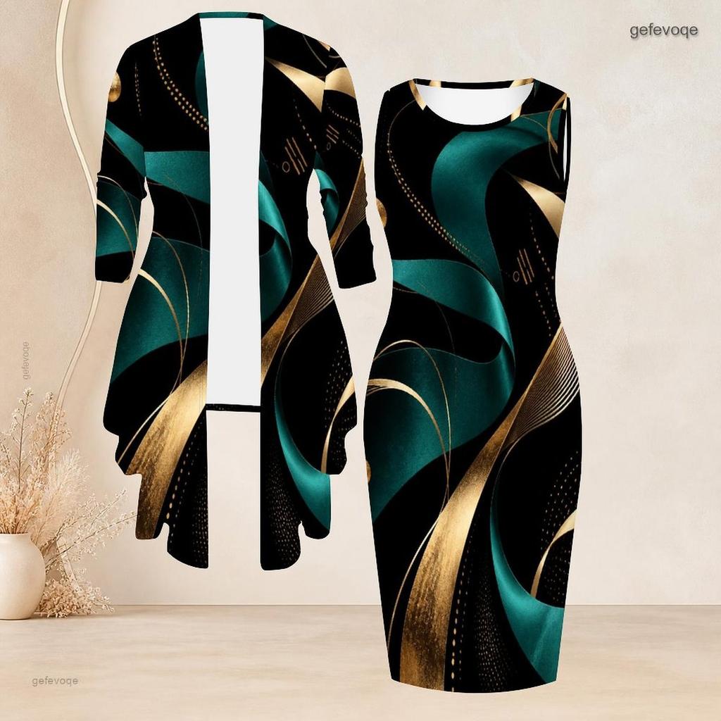 Women Plus Size Black Blue Printed Two Piece Set Long Sleeve Cardigan Sleeveless Bodycon Dress