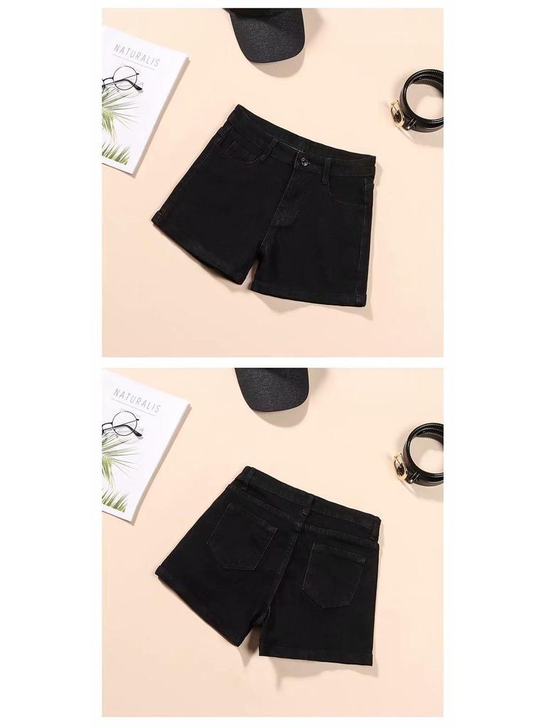 Women's High Waist Black Denim Shorts - 2025 Korean Style, Elastic, Slimming, Rolled Hem, Trendy Summer Hot Pants