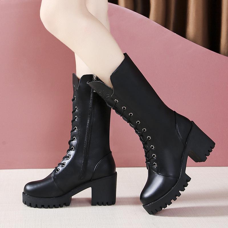 Medium Boots Women's 2 Autumn and Winter New Thick Heel Lace-up Short Boots Fashionable Side Zipper Round Head Martin Boots