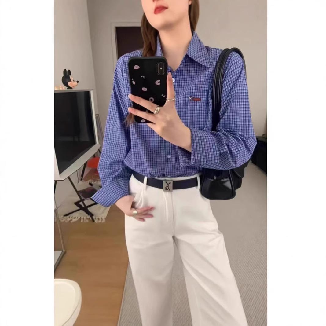 

Women s Blue Plaid Puppy Embroidery Shirt - Long-Sleeved, Loose, Versatile Top for Spring/Autumn 2025 XXL синій
