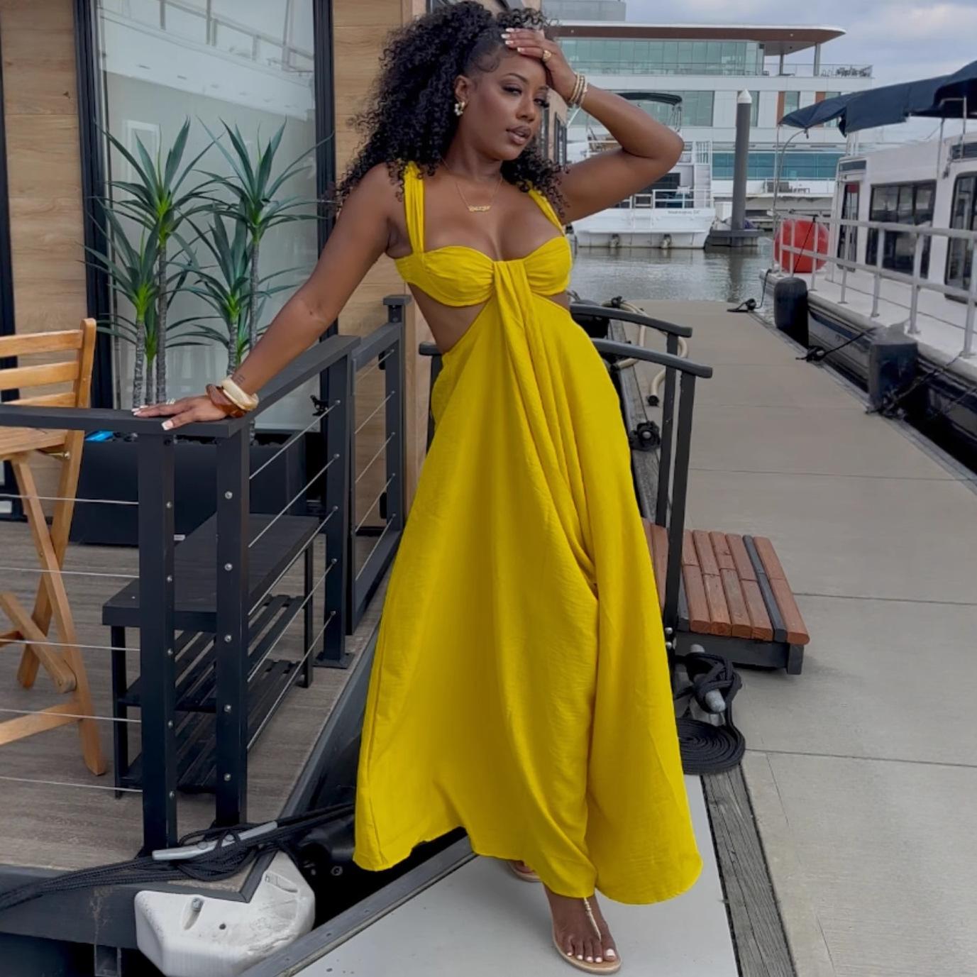 Cross-border European and American sexy strapless yellow hollow-out dress for women, African chic new women s fashion long dress S жёлтый
