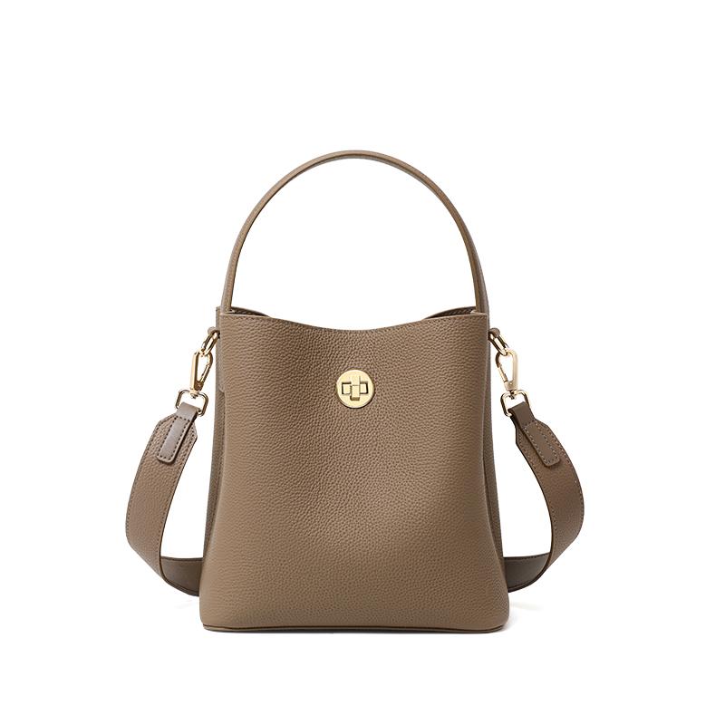 Elegant retro hand-carried water bucket top layer cowhide multi-layered shoulder strap lock tote bag single shoulder cross-body