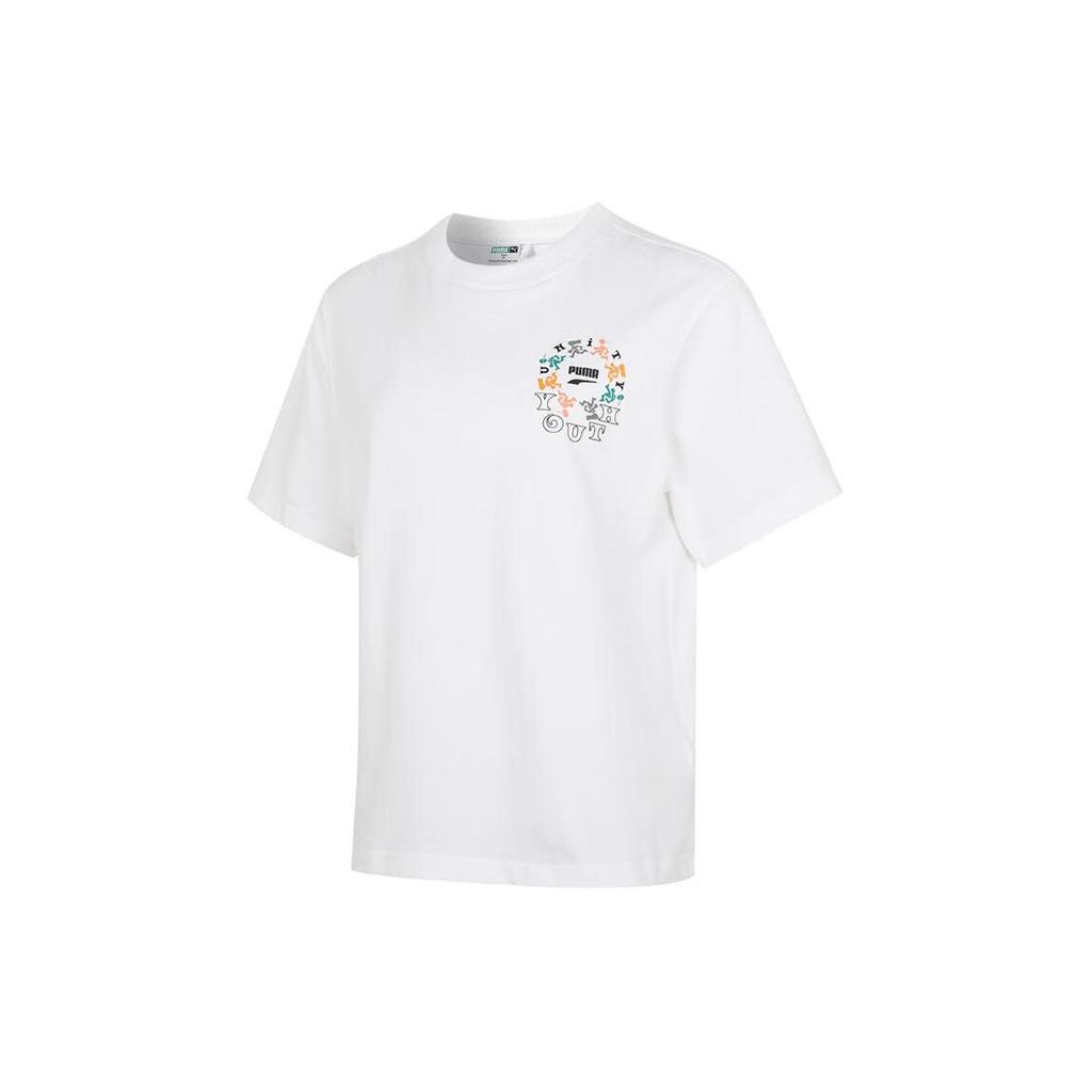 Puma Løping Fitness Utendørs Casual Trykk Rund Hals Genser Kortermet Drop Shoulder T-skjorte Dame Topper Hvit 626119-52