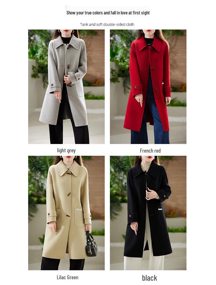Women's Slim Fit Long Wool Coat with Wide Lapel and Toggle Closure - Double-Faced Woolen Overcoat for Autumn/Winter
