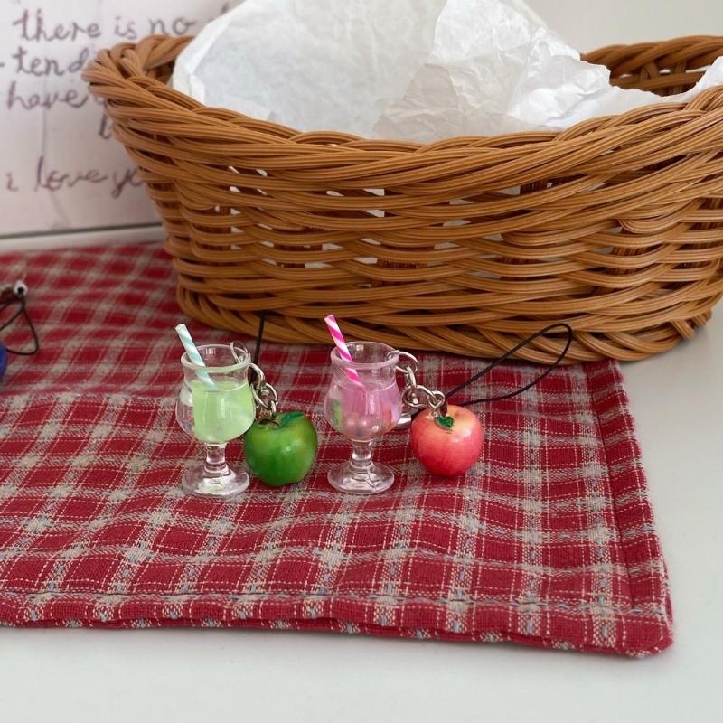 Miniature Drink Cup Keychain with Fruit Pendant Beaded Keyring Bag Accessories Gift for Women and Girls