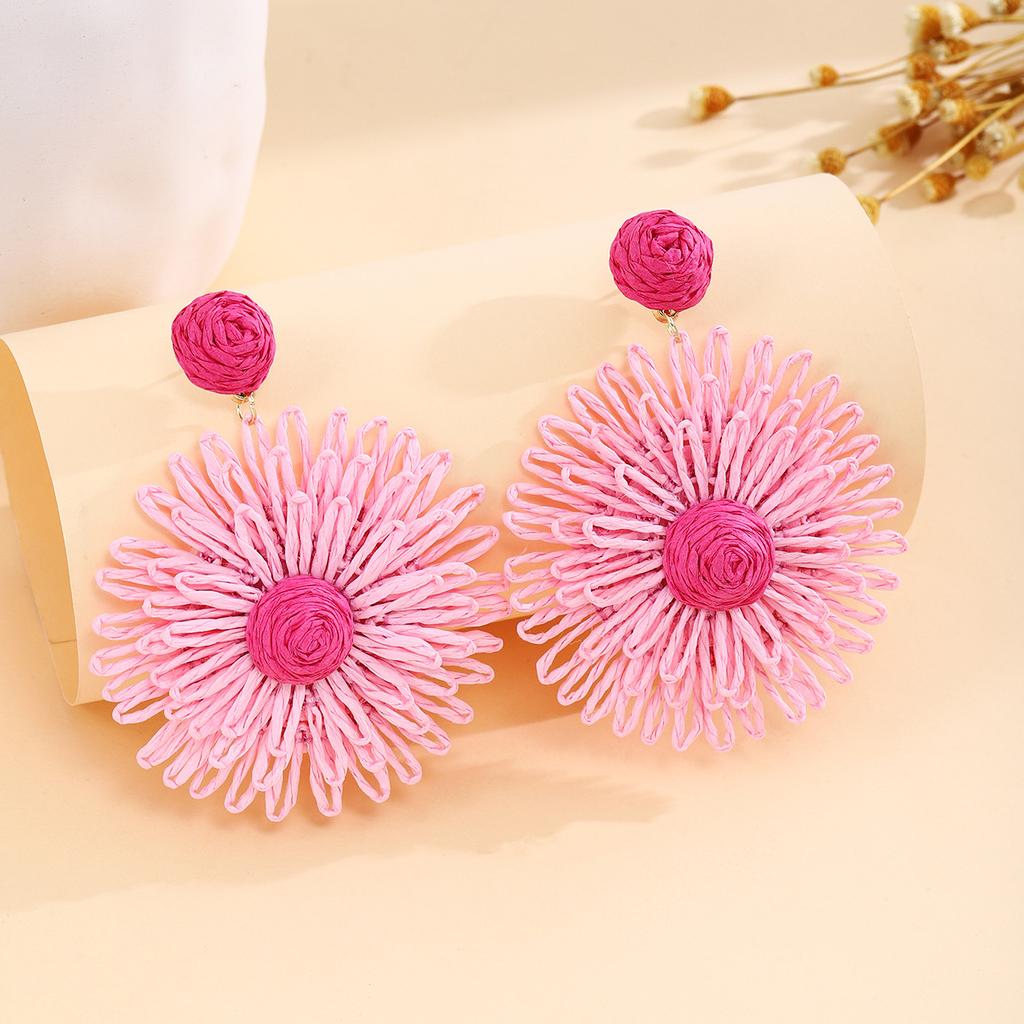 European and American Cross-border Holiday Style Colored Flower Earrings, Summer High-end Simple Hand-woven Raffia Earrings