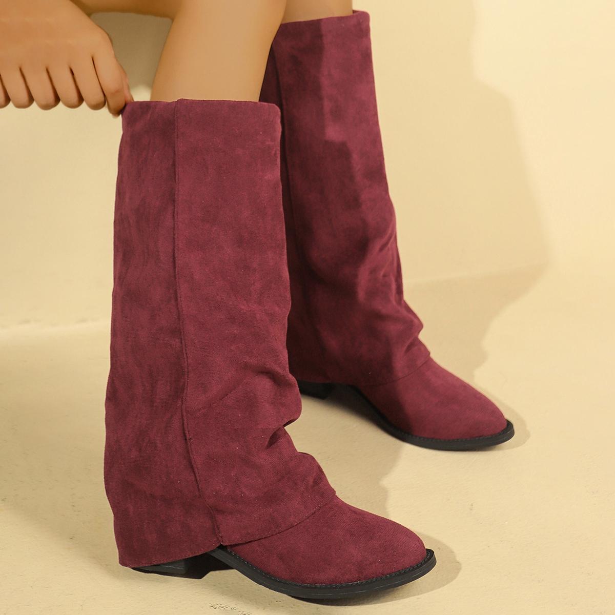

Autumn Winter Vintage Woman Knee-High Boots Design Pleated Pointed Toe Long Booties Ladies Square Heels Shoes 36