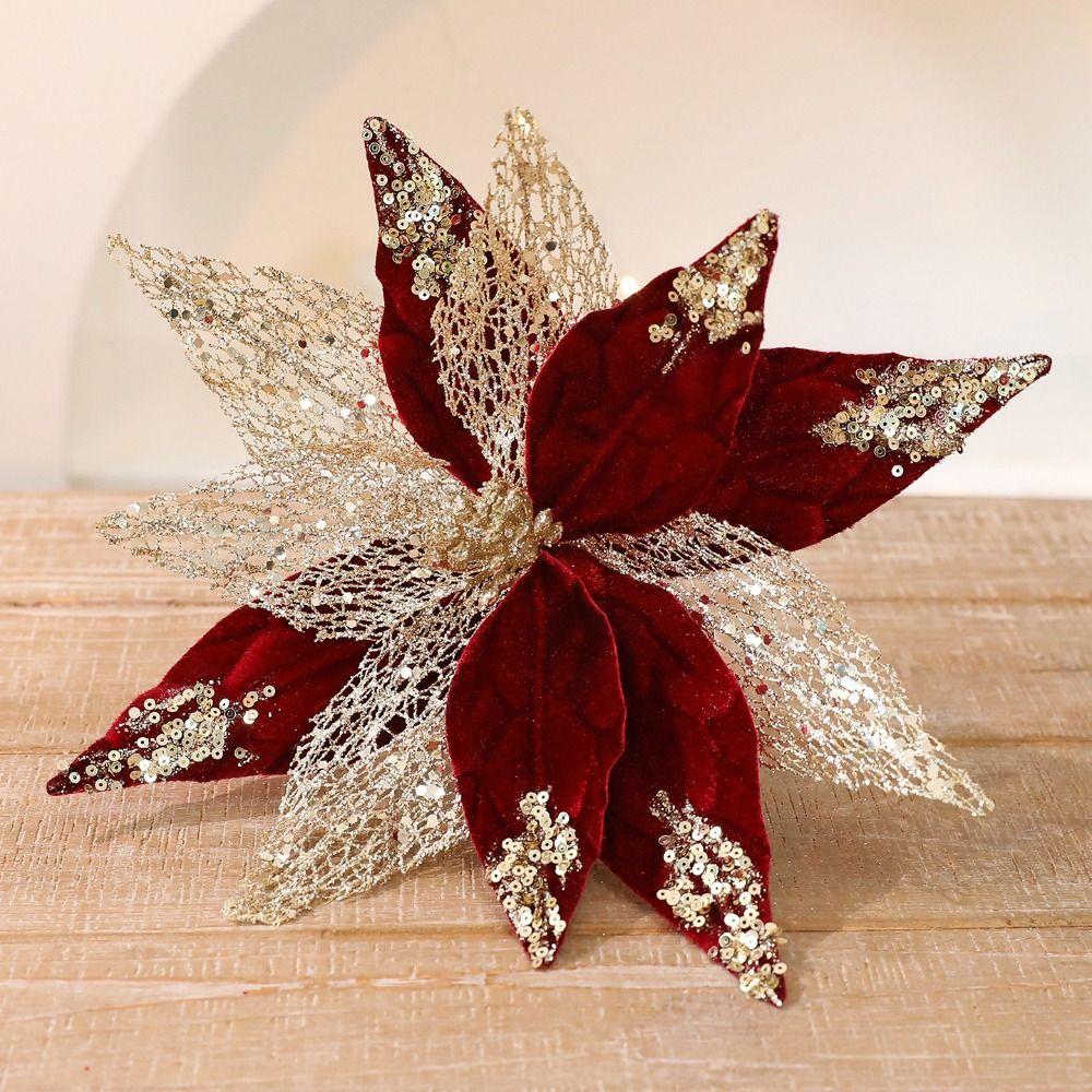Flannel Fabric Christmas Artificial Flowers Plastic Glitter Poinsettia  Christmas Decor