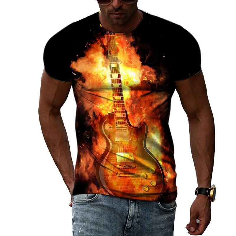 Personalized Guitar Pattern 3D Digital Print Men's Street Round Neck Short Sleeved T-shirt