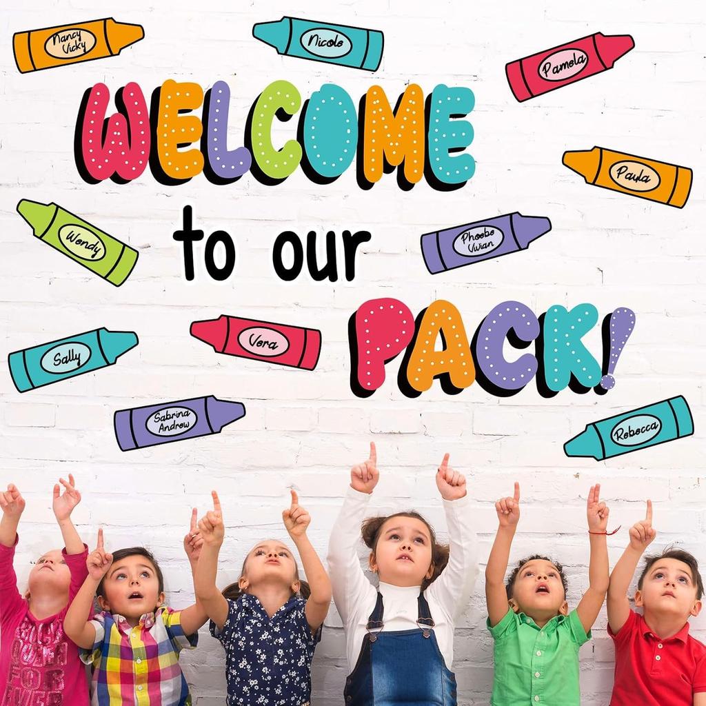 63Pcs Classroom Bulletin Board Decorations Set - Welcome to Our Pack Crayon Cutouts with Border Trims for School Classroom Door Home Wall Decorations