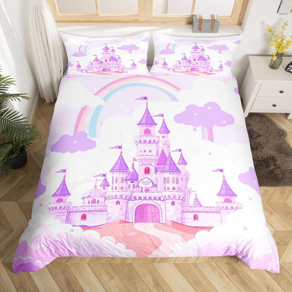 Rainbow Castle Duvet Cover King Queen Kids Girls Cartoon Girly Bedding Set Princess Castle Comforter Cover Bedroom Quilt Cover
