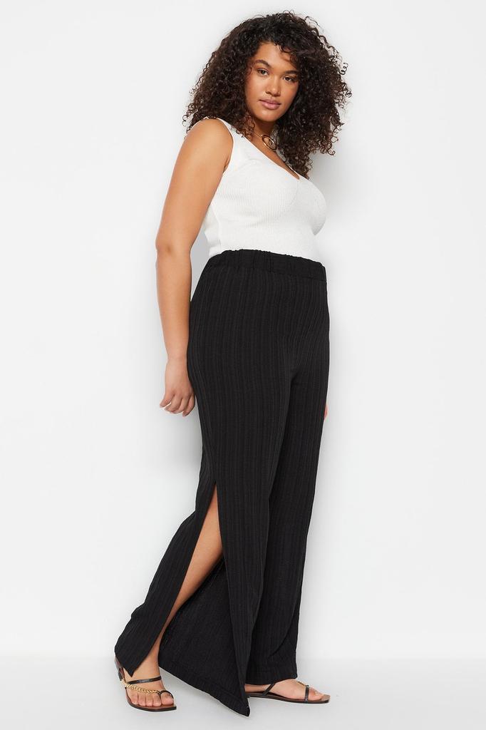 Women's Style Plus Size Brown Slit Detailed Woven Beach Trousers