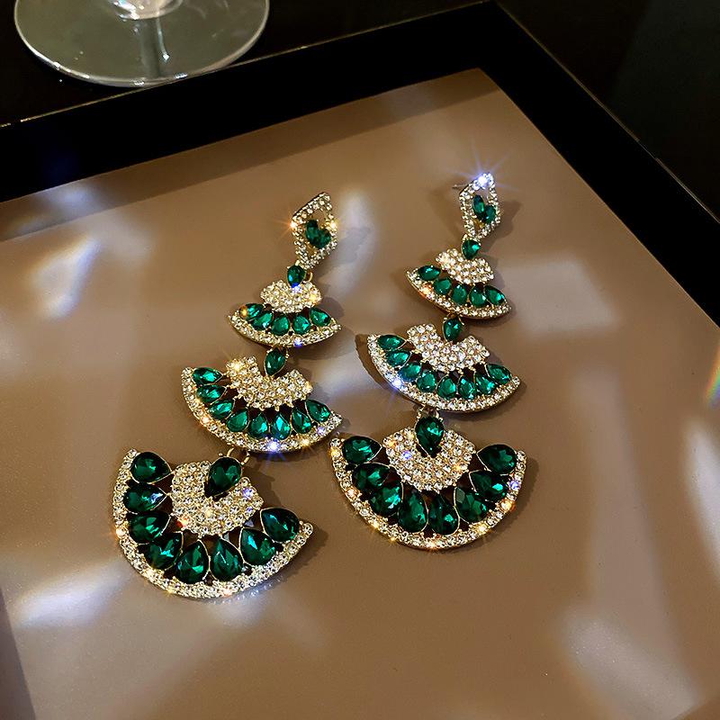 Vintage Green Crystal Drop Earrings for Women Oversize Long Sector Geometric Dangle Earrings Statement Zircon