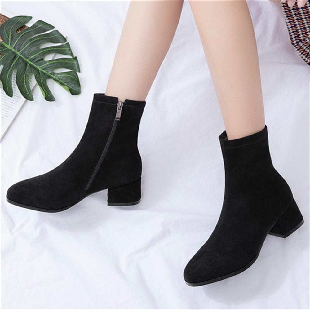 Woman Ankle Boots Autumn Winter Round Toe Low Heel Flock Black Comfortable Booties Lady Shoes Big Size 31 32 33 40 41 42 43