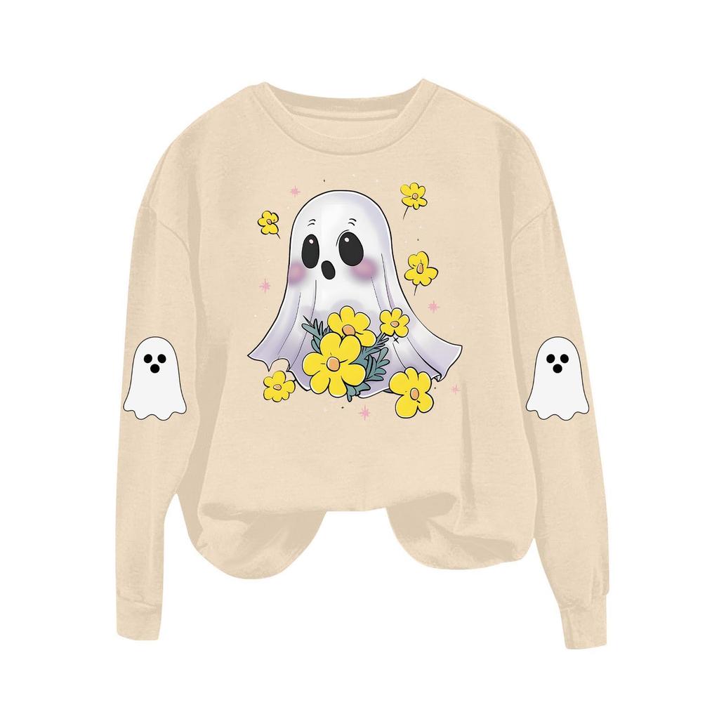 Women's Fashionable Casual Long-sleeved Halloween Printed Round-neck Top