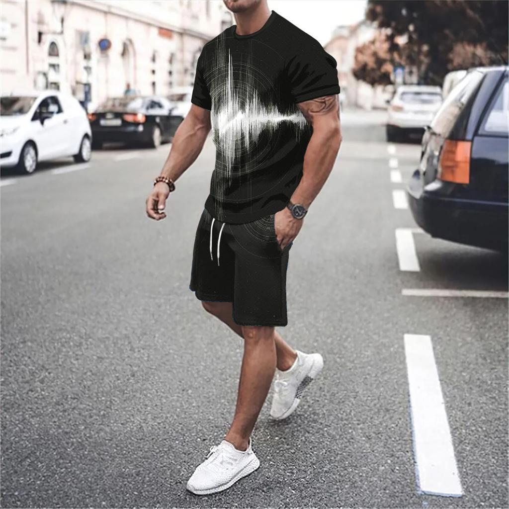 Men's 3D Print Letter Line Splicing Outdoor Vacation Casual Street Wear Round Neck Short Sleeved T-shirt Shorts Sports Set of 2 Pieces