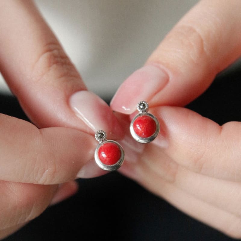

J.Lauren Red Coral Marcasite Silver Earrings Be0696 single type