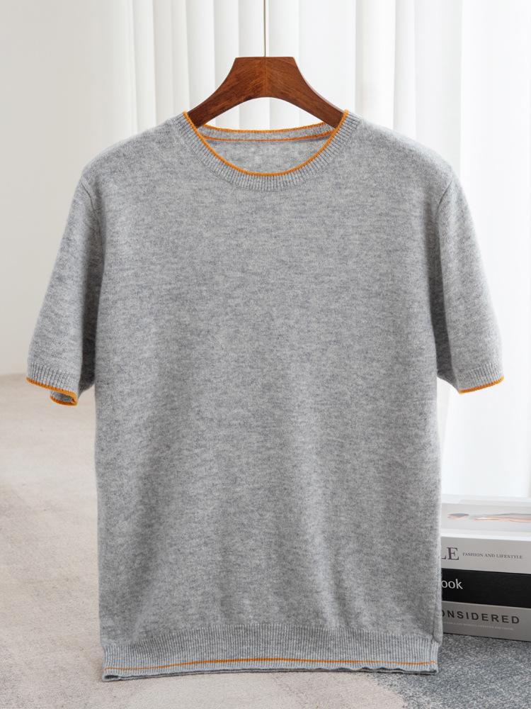T-shirt à Manches Courtes et Col Rond Color Block 100% Laine Australienne pour Homme - Coupe Ample Décontractée, Couche de Base en Cachemire Printemps/Automne.