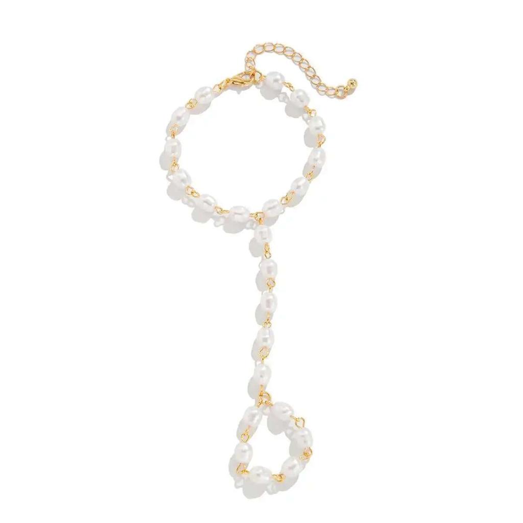 Salircon Exquisite Imitation Pearl Wrist Bracelet Women Vintage Hand Finger Bracelets Charm Ladies Aesthetic Jewelry Set Gift
