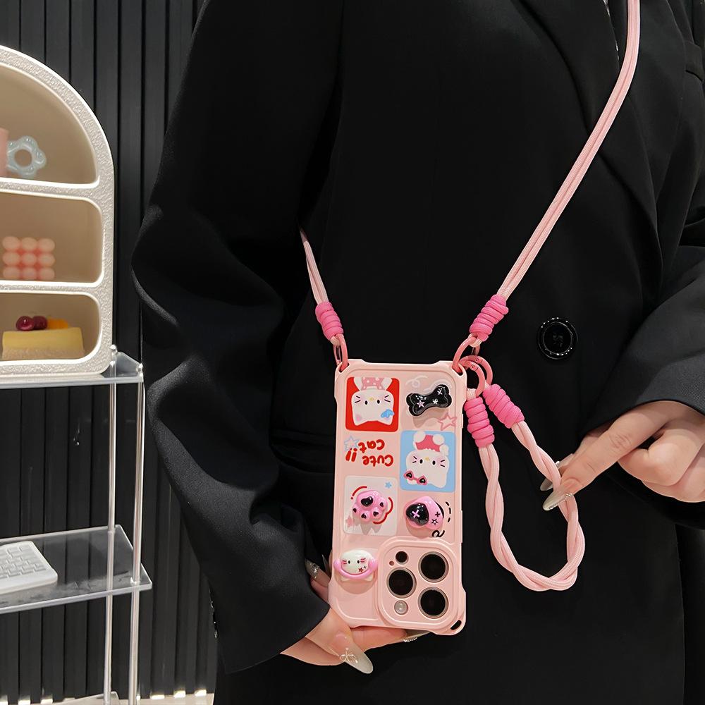 Apple 17/16Promax Lanyard Mobile Phone Case Is Suitable for iPhone13 Cute Cat 14/15 Oblique Span Anti-drop Case.
