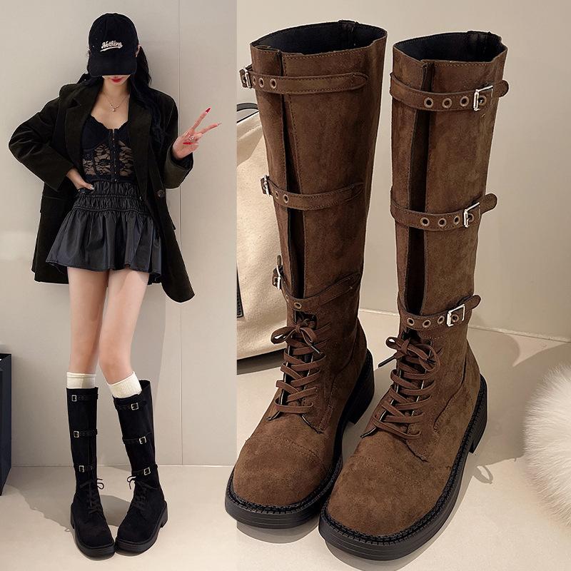 Boots Women 2025 Autumn New British Style Lace-up Belt Buckle Knight Boots Square Heel Frosted Western Cowboy Boots