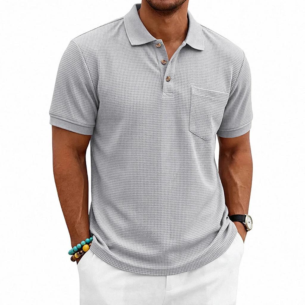 Men's Breathable Waffle Knit Polo Shirt Short Sleeve Button Placket Chest Pocket Loose Fit Summer Tops
