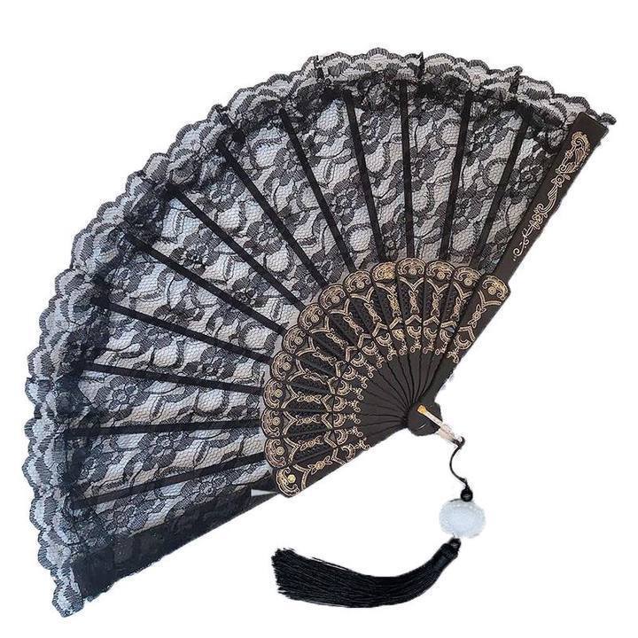 New Chinese Retro Black Lace Folding Fan Jk Lolita Hanfu Cheongsam Fan Fringed Ancient Style Photo Prop Female